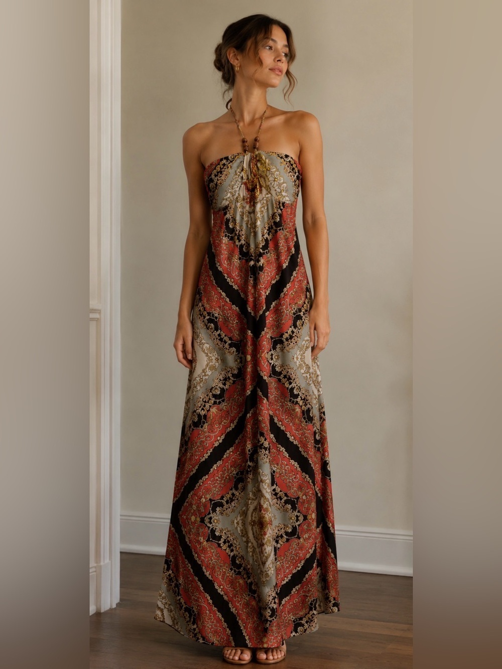 Valerie Bertinelli Halter Maxi Dress Size 6 Boho Paisley Medallion Print Halter